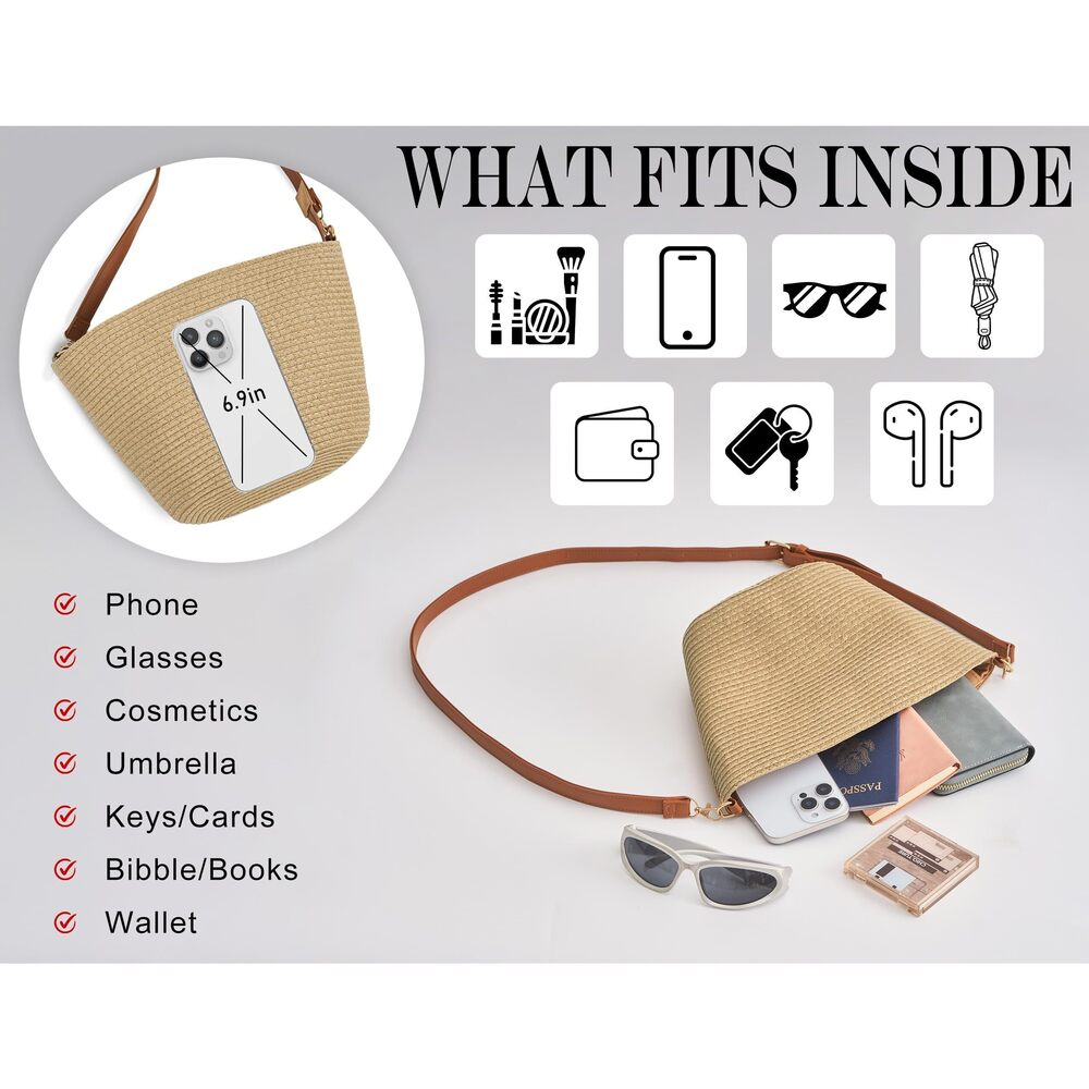 8897 Straw Crossbody Purse , Hand Woven Straw Shoulder Bag with Adjustable - Picture 5 of 6